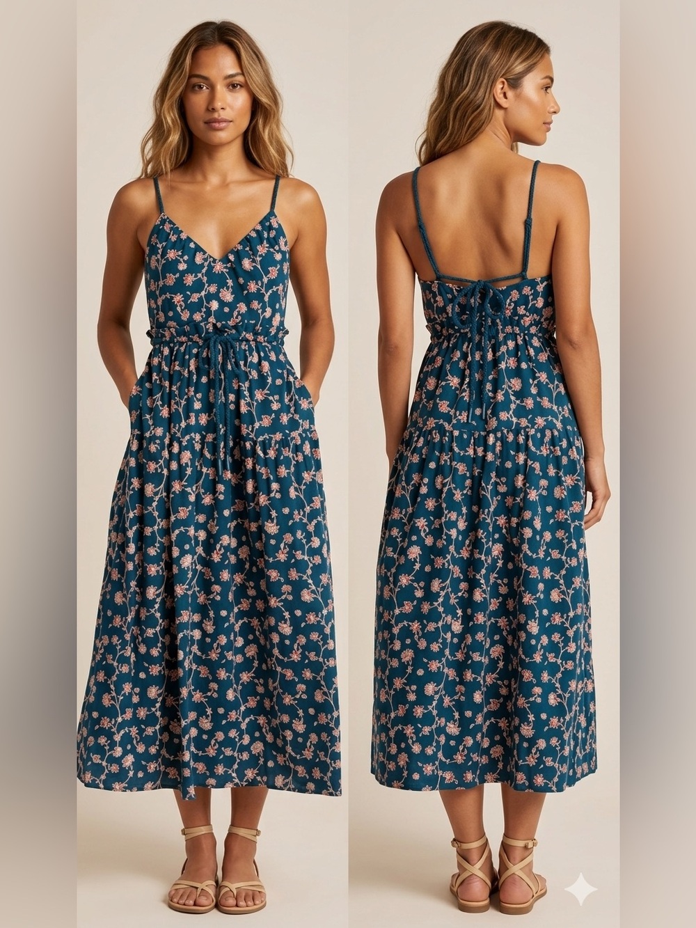 Floral Maxi Dress with Adjustable Straps and drawstring waist